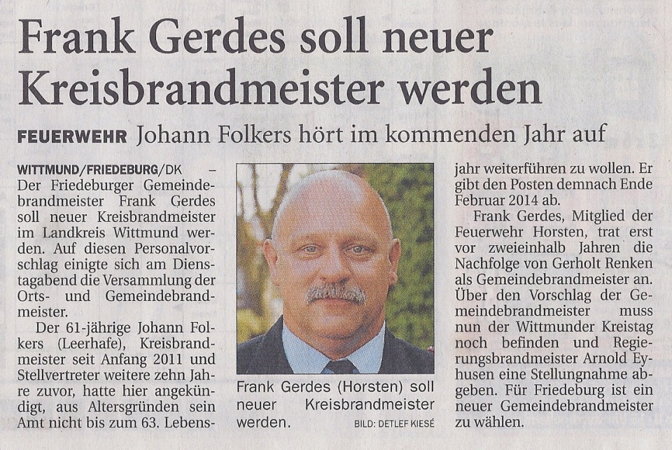 Frank Gerdes soll neuer Kreisbrandmeister werden - Quelle: Anzeiger für Harlingerland